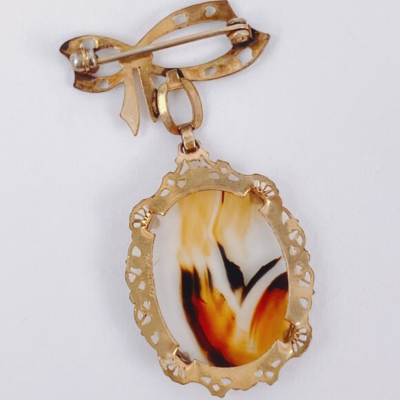 Vintage 1940s 12K Gold Filled Bow Brooch Gemstone Cabochon Mid Century Pin - Picture 7 of 14